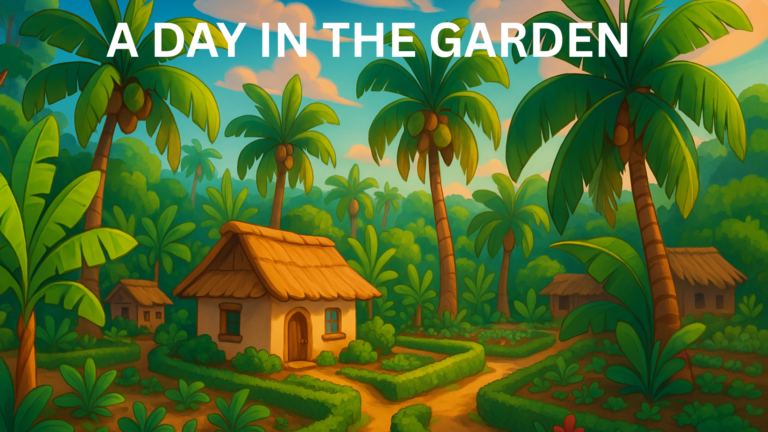 Children exploring a garden with animals and birds.