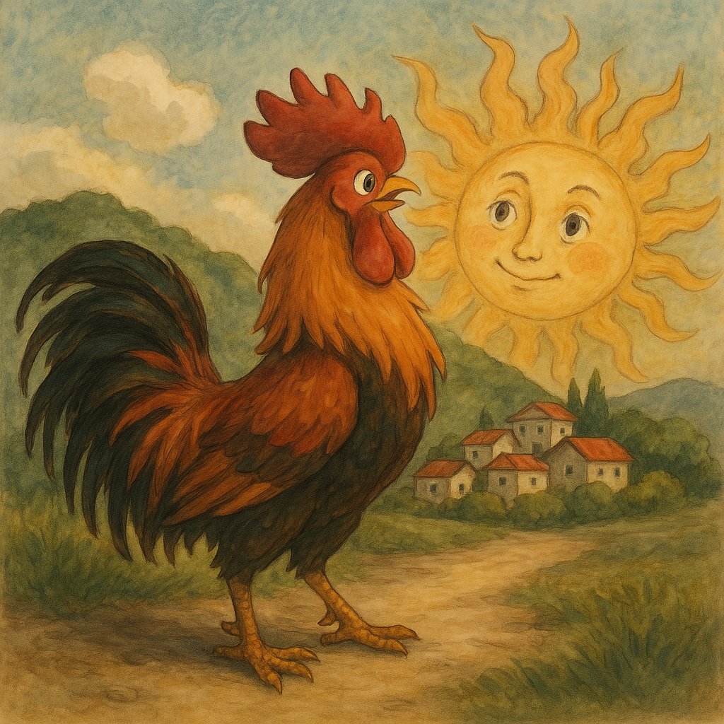 Proud cock with a crown-like comb greets the sunrise in a vibrant forest